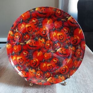 Vintage Halloween Dinner Plate Jack-o'-lantern Decor Glass Pumpkin Autumn Orange